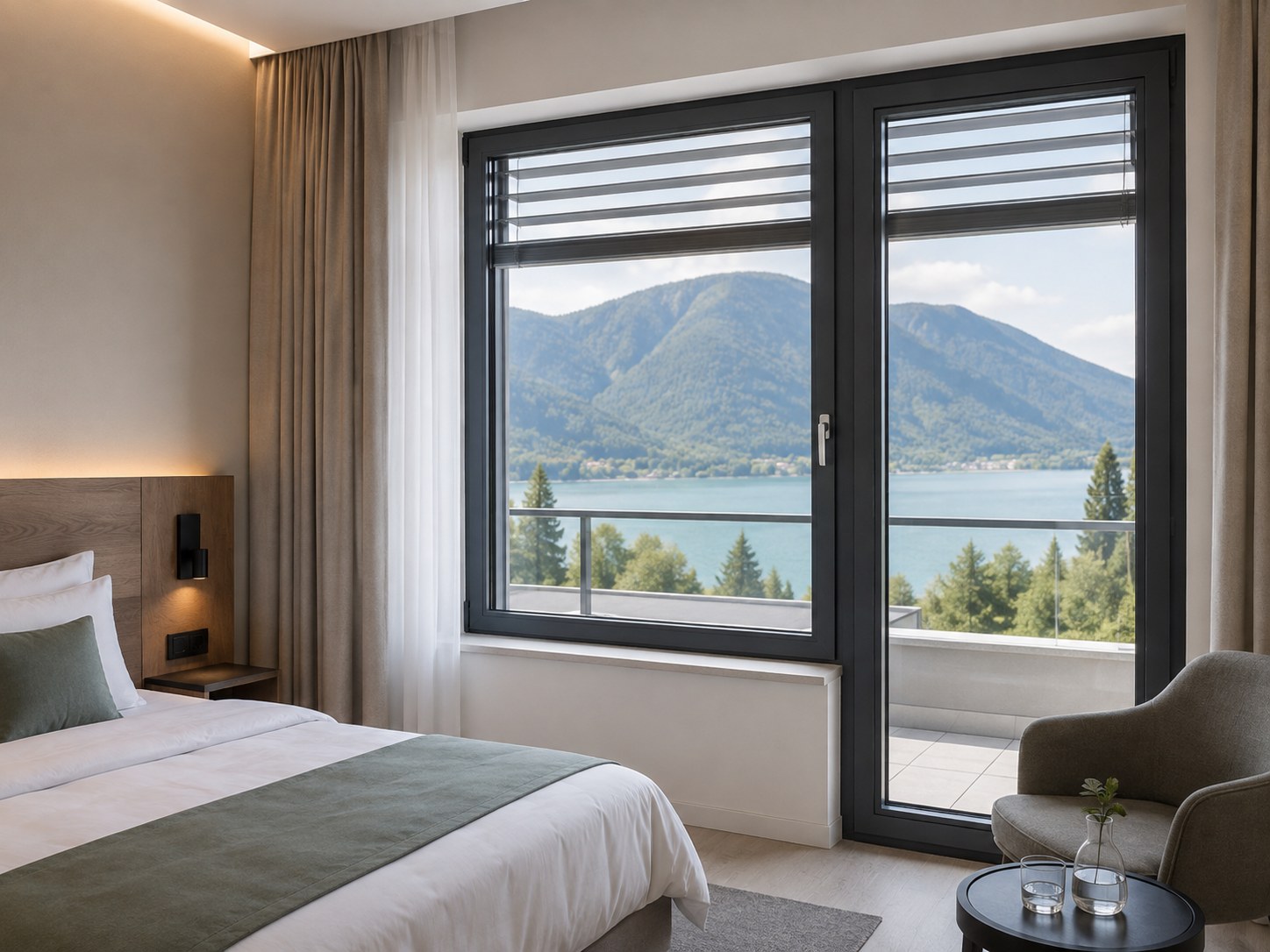 Modernes Hotelzimmer mit Fenster und Sonnenschutz